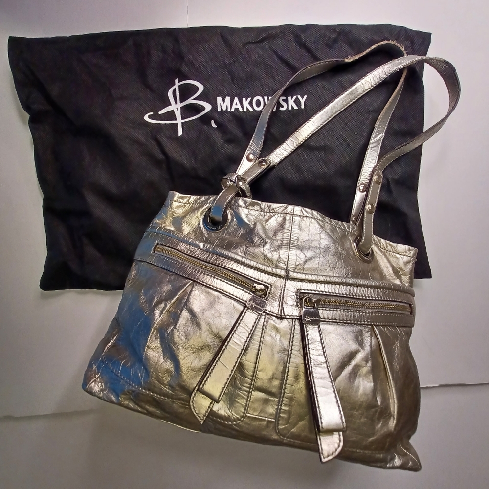 B. Makowsky Silver Metallic Leather Purse Shoulder Bag Handbag Futuristic Pewter